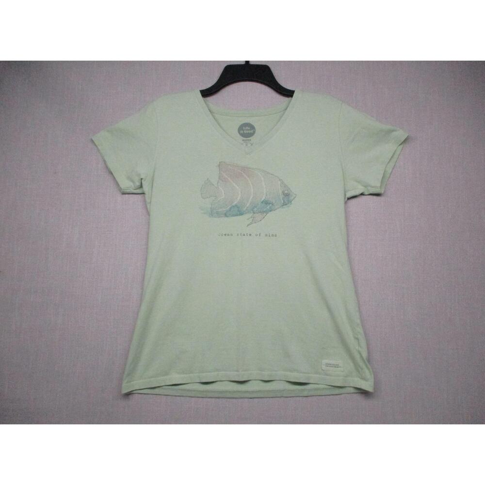 Life is Good Light Green Relaxed Coastal Fish V-Neck Tee Womens Size M